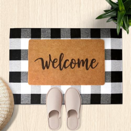 2-Piece Front Door Mat Set, Coir Welcome Mat & Black White Plaid Mat - Image 3