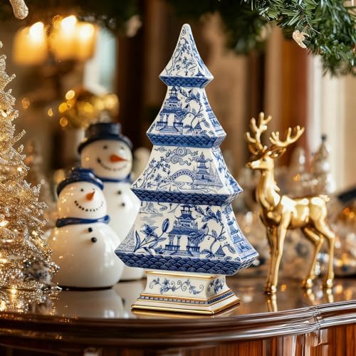 Cynkeyee Christmas Tree Christmas Decorations Indoor - Blue and White Xmas Decorations Gift 12" Vintage Tabletop Holiday Figurine, Chinoiserie Xmas Party Table Decor 6x3x12 Inch - Image 4