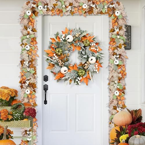 Yastouay 22" Fall Wreaths for Front Door, Fall Door Wreath with Lamb Ears Leaves Pumpkins Berries & Ferns Autumn Wreath for Home Porch Wall Outside Thanksgiving Decor - Image 5