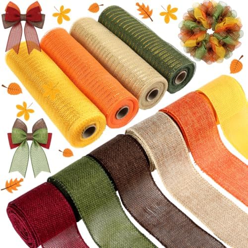 10 Pcs Fall Ribbon 4 Mesh Ribbon 6 Burlap Wired Edge Ribbons by Yuefunny
