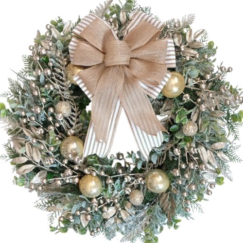 24 Inch Christmas Champagne Leaves Berries Wreath for Front Door, Rustic Farmhouse Xmas Large Door Wreath for Indoor Outdoor, Christmas Gold Balls Wreaths for Home Decor by Egolot