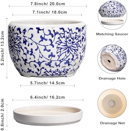 SQOWL Ceramic Pots for Plants - 8 inch Ceramic Planter with Drainage Hole and Saucer, Round Flower Pots for Indoor Plants, Porcelain Planter Outdoor, Porch Decor, Gifts for Women Men, Blue and White - Image 3