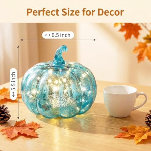 Fall Decorations for Home,Mercury Glass Pumpkin Lights with Timer(Blue) - Image 3