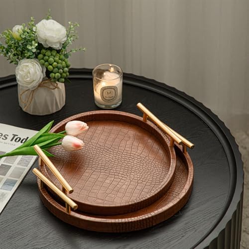 Modern Decorative Serving Tray, Set of 2 Modern Crocodile Leather Round Trays with Polished Metal Handles, Decorative Trays Coffee Table Tray Ottoman Platter for Home Decor (Brown) - Image 6