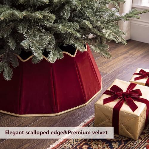 Hungdao Velvet Foldable Christmas Tree Collar, Burgundy Tree Skirt, 28'' - Image 4