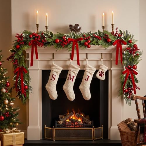 6FT Norfolk Pine Christmas Garland with Artificial Eucalyptus, Red Bow Berries Balls, Realistic Artificial Cedar for Holiday Mantel, Table, Fireplace, Indoor Xmas Decor - Image 5