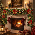 9FT Christmas Garland with Lights, Prelit Garland with Red Berry Clusters&Balls&Flowers&Pine Needles,for Stairs Railing Fireplace Mantle Front Door Home Holiday Decor Ornaments by Unknown