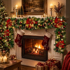 9FT Christmas Garland with Lights, Prelit Garland with Red Berry Clusters&Balls&Flowers&Pine Needles,for Stairs Railing Fireplace Mantle Front Door Home Holiday Decor Ornaments by Unknown
