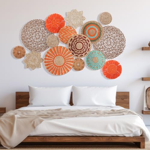 Anglechic 15 Pcs Boho Rattan Wall Baskets Hanging Decor, Orange Style - Image 6