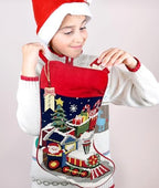 Needlepoint Christmas Stocking, 18 Inches Vintage Xmas Stockings with Personalized Name Tag, Embroidered Train Design, Old-Fashioned Holiday Christmas Party Family Decor - Image 4