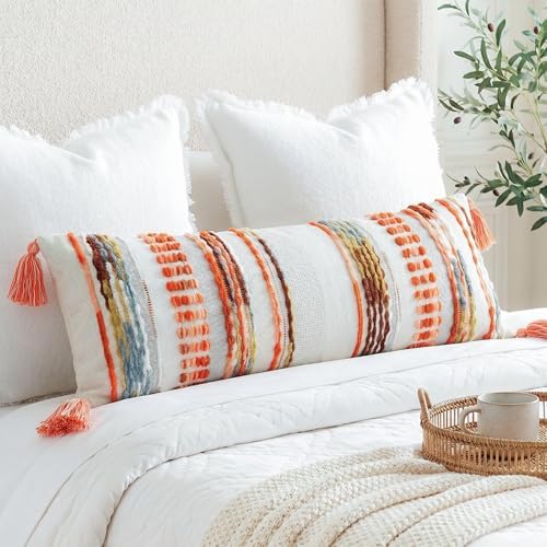 NUYECY Chenille and Cotton Long Pillow for Bed, Striped Textured Boho Lumbar Throw Pillow Cover 14x36, Neutral Accent Decorative Extra Long Body Pillow Case for Couch, Sofa, Bedroom, Red - Image 5