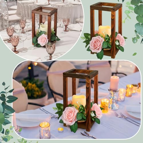 Hushee 30 Pcs Wooden Wedding Lantern Centerpiece, Pink Rose, Brown - Image 3