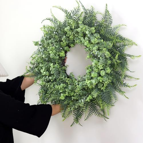 26" Artificial Eucalyptus & Boston Ferns Wreath for Front Door (Gray-Green) - Image 4