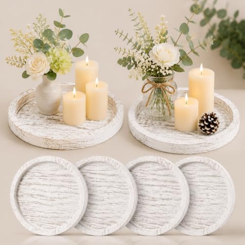 Sintuff 6 Pcs Wooden Candle Plate Holder Tray, Rustic White by Sintuff