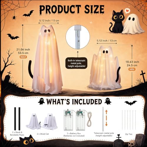 RattanView 2 Pcs Lighted Halloween Cat Ghost Cute and Spooky Decor Indoor - Image 2
