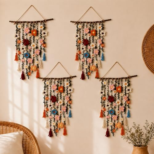 Bohemian Crochet Flowers Wall Decor Handmade Macrame Hanging (4PCS) by Bejoyso