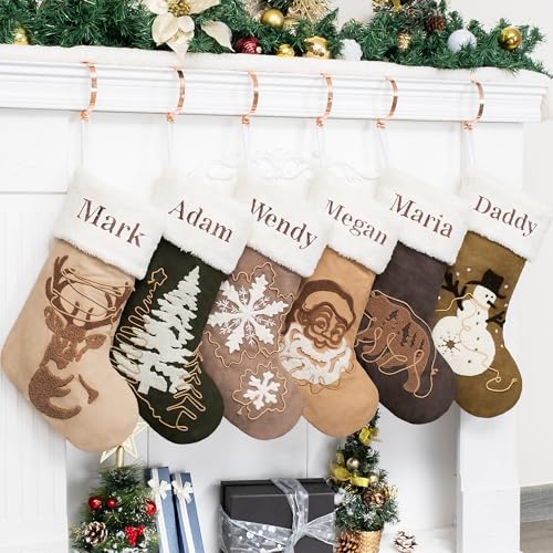 GEX Personalized Christmas Stockings 6 Pack Custom Name Embroidery Rope Stitch Suede Fluffy Cuff Xmas Stocking for Family with Names 20 Inch Boho Rustic for Fireplace Decoration (Set of 6) - Image 2