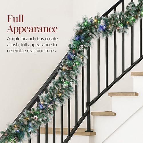Best Choice Products 9ft Pre-Lit Christmas Garland Holiday Décor for Stairs, Mantel, w/Pine Cones, 2-in-1 White & Multi LED Lights - Semi-Flocked - Image 4