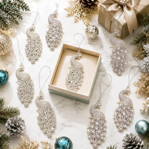 Yuntau 8 Pcs Crystal Christmas Hanging Ornaments, White Peacock - Image 3