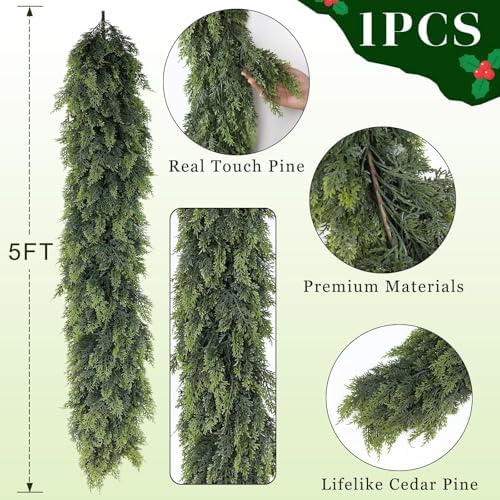 Lifelike Touch Artificial Christmas Cedar Garland for Mantle (5FT 1PCS) - Image 5