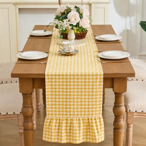 Yellow Gingham Plaid Ruffle Table Runner 72 Inches Long, 100% Washed Cotton Double Layer Farmhouse Dining Decor for Holiday, Home Party Wedding, 13 x 90 inches - Image 2