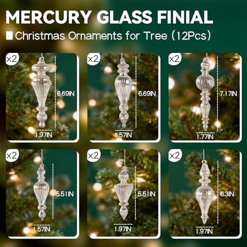 Mercury Glass Christmas Ornaments, Vintage Finial Decoration, Silver, 12-Pc - Image 3