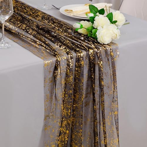 Snowkingdom 6 Pcs Black & Gold Cheesecloth Table Runner 10 FT, Sheer Chiffon Sparkle Gauze Mesh Runners 120 Inch, Glitter Table Centerpieces Decoration for Birthday Party Wedding Christmas Halloween by Snowkingdom