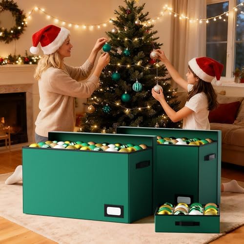 Christmas Ornament Storage Box, Ornament Organizer Storage box with Lids and Adjustable Dividers, Store Up to 128-3" Ornaments, Large Holiday Decor Storage Container with 8 Stackable Trays, Green - Image 3