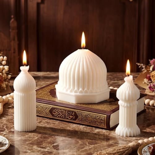 3 Pcs Eid Mubarak Candles Ramadan Decoration Ramadan Mosque Shaped Soy Wax Scented Candle for Eid Islamic Home Decor Gift, Halal Islamic Meditation Table Centerpiece Decor Festive Supplies(White) by Conelist