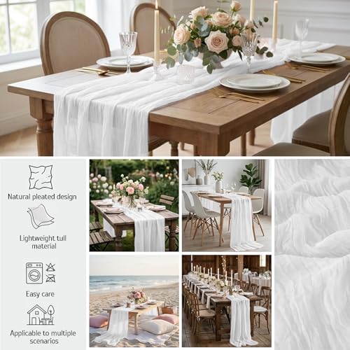 12 Pack White Spring Easter Table Runner 10FT White Cheesecloth Table Runner 21 x 120 inch Boho Gauze Cheese Cloth Table Runners Rustic Sheer Table Runners for Party Wedding Bridal Baby Shower Decor - Image 4