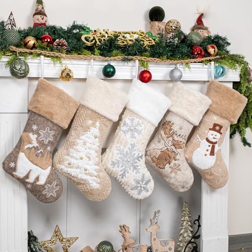 LUBOT 5 Pack Christmas Stockings Soft Large Family Xmas Stocking Set of 5 Embroidered 20" Modern Rustic Farmhouse Country Fireplace Hanging Christmas Decorations - Image 2
