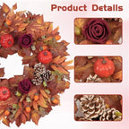 24 Inch Fall Wreath for Front Door, Autumn Wreath with Pumpkins, Roses, Maple Leaves, Harvest Fall Door Wreath for Porch, Window, Mantel, Thanksgiving Farmhouse Decor - Image 4