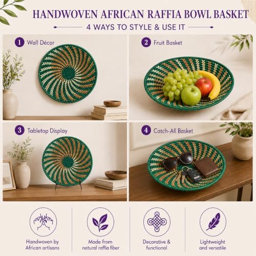 Handwoven African Basket Bowl for Fruits Wall Decor 10in diameter - Image 4