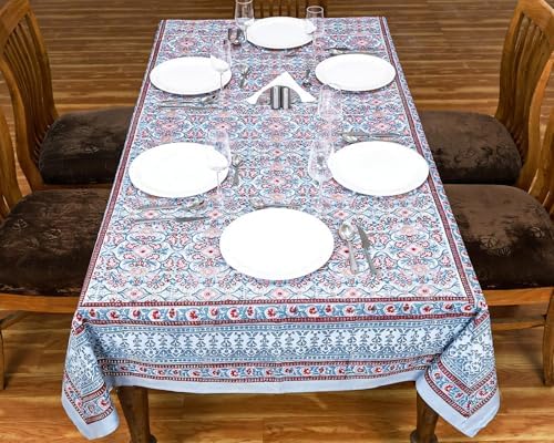 72x118 Inches Rectangle Hand Block Printed Cotton Tablecloth, Red Grey Floral Table Cloths Washable, Indian Table Linen for Halloween Christmas Outdoor Thanksgiving Gifts Home Decor Dinning Outdoor - Image 2