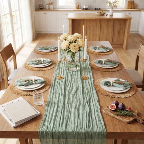 Frienda 6 Pcs Boho Woven Placemat Set with Runner, Napkin Rings, Sage Green - Image 4