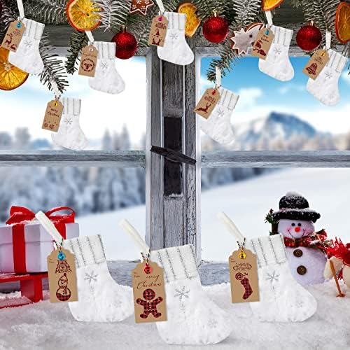 24 Set Mini White Snowflake Christmas Stockings with Gift Tags Bells - Image 6