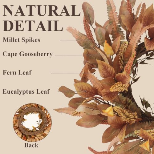 24" Artificial Fall Wreath for Front Door, Autumn Harvest Wreath with Eucalyptus Leaves, Sorghum, Farmhouse Thanksgiving Decor for Indoor Outdoor Porch, Window&Entryway (Autumn Yellow) - Image 5