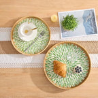 Round Rattan Tray with Mother of Pearl Inlay, Rattan Serving Tray with Wooden Base, Decorative Wicker Basket for Table Decor, Storage and Display of Coffee Bread Food Fruit (Leaf 13.5") - Image 2