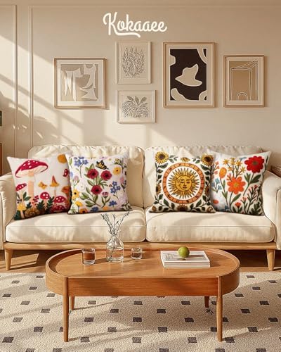 Embroidered Throw Pillow Cover 18x18 Inch - Spring Summer Boho Decorative Pillow Cover with Zipper for Living Room Couch Sofa Bed Aesthetic Design Mushroom Moon Cushion Pillowcase (Pack of 2) - Image 6