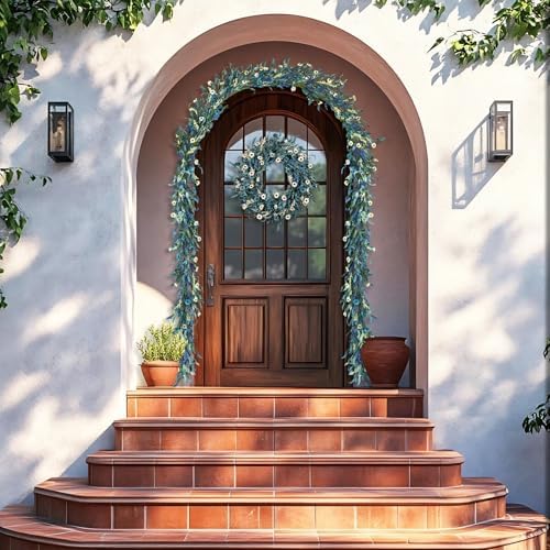 70 Inch Blue Eucalyptus Garland with White Flowers - Long Artificial Vine Garland for Staircase, Mantel, Fence, Front Door, Indoor/Outdoor Hanging Decor for All Seasons - Image 5