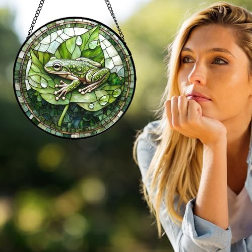 Green Frog Lily Pond Stained Glass Window Hanging Suncatcher Gifts 15" - Image 2