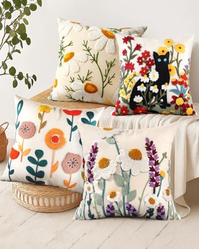 Embroidered Throw Pillow Covers 18x18 Inch - Set of 2 Summer Decorative Pillow Covers with Zipper Aesthetic Cute Design Throw Pillowcases for Couch Sofa Bed, Colorful Flowers - Image 6