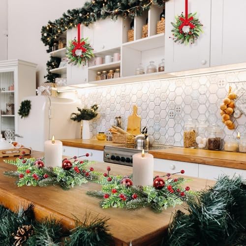 6 Pcs Christmas Candle Rings Wreaths Artificial Snowy Pine Cedar Red Berry Clusters Candle Rings Wreaths Mini Christmas Balls Wreath for Xmas Winter Front Door Window Decorations ﻿ - Image 5