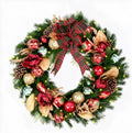 Hykolity 28 Inch Pre-Lit Magnolia Christmas Wreath, Battery Operated Lighted Wreath with 50 Warm White LEDs, Timer, Burgundy Flowers, Plaid Bow, Ornaments and Pinecones for Front Door by hykolity