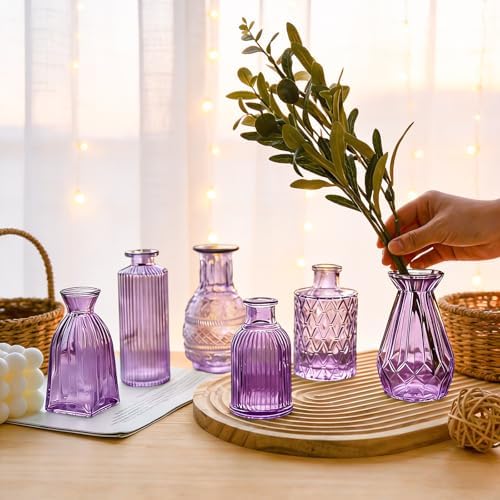 Violet Purple Glass Bud Vases in Bulk 12, Small Vintage Textured Flower Vases for Wedding Centerpieces, Baby Shower, Party Event, Decorative Mini Vase Bottles Set for Flower, Home Table Decor - Image 5