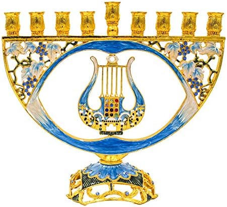 Mosaic Artistic Jeweled Menorah (Hand-Painted Jeweled Mosaic Blue & Gold - Harp)… by TheDreidelCompany