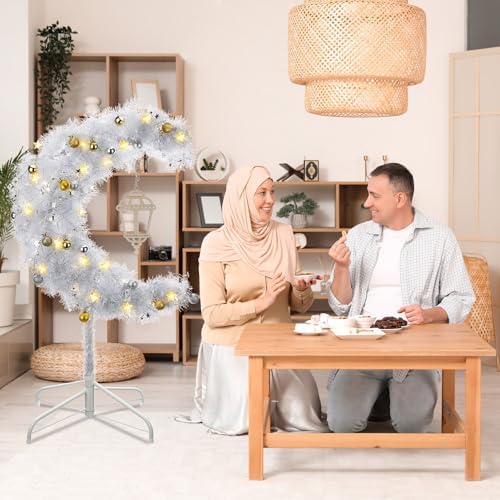 Glooglitter 3ft Ramadan Moon Tree: Lighted Crescent Artificial Tree with Star String LED Eid Outdoor Decoration for Eid Ramadan Garden Home Bedroom Party Decor(Silver) - Image 6