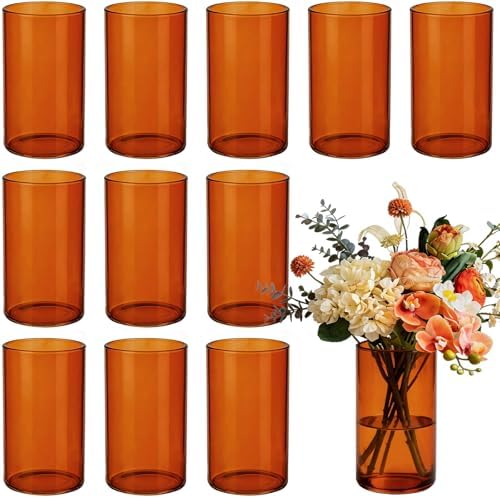 TBWIND 12pcs 6 Inch Amber Glass Cylinder Vases for Centerpieces by TBWIND