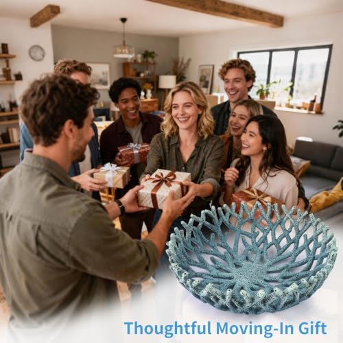 10-Inch Blue Resin Coral Bowl, Handcrafted Hollow Carved Coastal Art Decor - Image 7