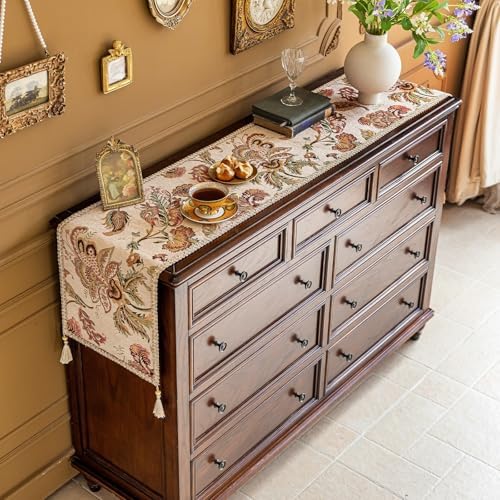 Floral Embroidered Dresser Runner 55x14 Inch Non-Slip Chenille, Beige - Image 5